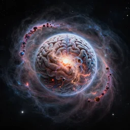 nebuloid of alien brain energy orbiting a bizarre cybernetic planet, nebula in background, starfield in background, style of Tim White