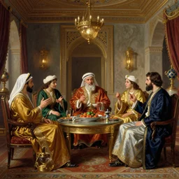 The Sultan Entertains his Guests in an Opulent Arabian Salon, art by Rudolf Ernst and Osman Hamdy Bey and Jean-Léon Gérôme