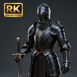 knight with sword in black armour, focused, in frame, high resolution, realistic, 8 k hyper real, rtx, unreal engine 5
