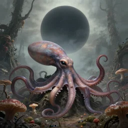 highly detailed illustration of a nausicaa alien cephalopod in a world overgrown with fungus and spores, diffuse lighting, fog, stunning atmosphere, religious imagery, huge gargantuan black sun, muted colors, by kilian eng and james jean