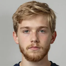 athletic 2 0 years old boy, light brown blonde hair, light brown blonde full beard, thin eyebrows, thin head, thin nose, tanned skin, short hair,