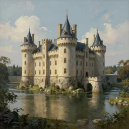 a beautiful painting of a castle surrounded by a moat, cinematic angle, studio lighting, movie concept, trending on artstation, octane render, 8 k, ultra high detail