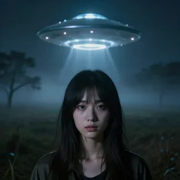 close - up face portrait of a girl standing in foggy field at night, hovering ufo above trees