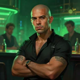 character concept portrait, brazilian bald bouncer, cyberpunk bar background, digital painting, green neon, bokeh, detailed, highly detailed, smooth, sharp focus, illustration by ruan jia and mandy jurgens and william - adolphe bouguereau, artgerm