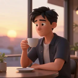a man sitting on a café table mext to a window and holding a cup of coffee at sunset, anime style, Pixar style, black hair, 4K, cartoon, concept art, octane render, unreal engine 5, path tracing, complementary colours, serene scene, warm, cute, natural lighting, high quality, highly detailed, high coherence, defined face, five fingers, anatomically correct, soft lighting, close view