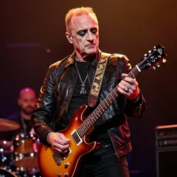 saul goodman in a rock band, glam rock makeup, shredding playing guitar, hd image, on stage