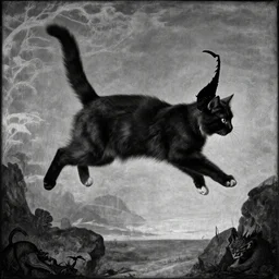 a black and white photo of a cat jumping in the air, a renaissance painting by hanns katz, flickr contest winner, renaissance, renaissance painting, kinetic, demonic photograph