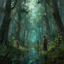 reed - people in futuristic spiritual mystical post apocalyptic swampy forest in dagestan drawn by ron gilbert, dim painterly volumetric aquatic lighting, scenic, beautiful, crisp, artstation, highly detailed