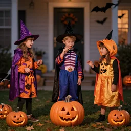 kids trick - or - treating, halloween, costumes, night, realistic photo