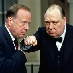 Modern color photography of Bruce Willis punching Winston Churchill