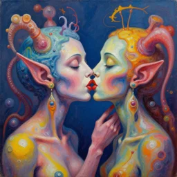 acrylic painting by otto dix of a closeup of bizarre psychedelic femme creatures kissing each other, speculative evolution, exobiology