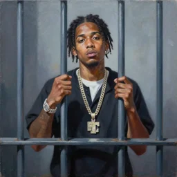 a rapper named tiktok sentenced to jail, hyperrealistic, painting, 8 k