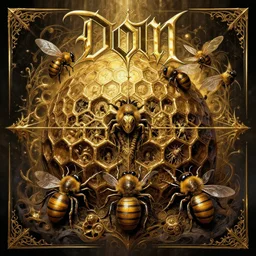 iconic melodic death metal album cover artwork, in style of Doom, in style of Midjourney, bee hive theme insanely detailed and intricate, golden ratio, elegant, ornate, unfathomable horror, elite, ominous, haunting, matte painting, cinematic, cgsociety, Andreas Marschall, James jean, Noah Bradley, Darius Zawadzki, vivid and vibrant