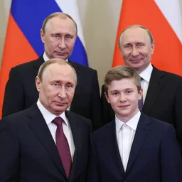 A photo of putin teams up with a teenage putin, perfect faces, 50 mm, award winning photography
