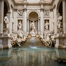photo piranessi symmetry flooded connected neoclassic majestic halls and beautiful human statues huge marble staircases minotaur gods helenistic sculptures decrepit derelict abandoned flooded water damage