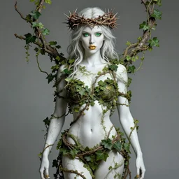 full body portrait of a beautiful sensual warrior woman, green eyes, gold lips, white skin entwined in branches, ivy and vines, thorn crown, highly detailed, sci - fi, intricate, decadent, highly detailed, octane render, concept art, smooth, sharp focus, hyper - realistic