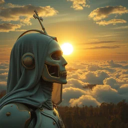 masterpiece ultrarealistic ultradetailed stefan gesell medium shot robot of slime catholic veiled, solarpunk big lake the sky sun over beautiful clouds at the forests intricate, elegant, dramatic lighting, greg rutkowski, immerse,, special effects makeup, maximalist, glittering, gold, ivory, hyperreal, golden ratio,