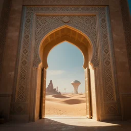 an islamic style ornamental gate in the desert opens into an other dimension with different alien landscape. ornament, intarsia, portal, doorway, dynamic lighting, ambient lighting, atmospherical, photorealistic fantasy concept art, trending on art station, stunning visuals, creative, cinematic, ultra detailed