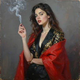 artsy painting of a beautiful woman, smoke, red fabric and expensive clothing, by alberto seveso