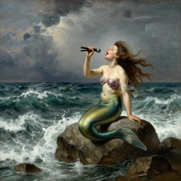mermaid sitting on a rock being lashed by waves and singing, stormy weather, ocean, painting by rembrandt
