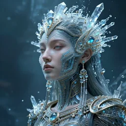 highly lifelike beautiful divine tribal high priestess water with adornments of crystals wide hdr whole infinite capsule apparent with awe an idea seep's into infinity, face axonometric mechanical fantasy intricate elegant, in void of latent space, volumetric lighting h 2 5 6