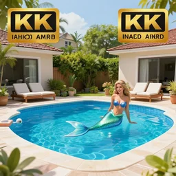 a photo of the neighbors backyard with a swimming pool and a mermaid, photo realistic, award winning photo, detailed, vibrant, 8k, hd
