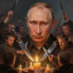ukrainian people killing vladmir putin with knifes, lit by candles, digital painting, artstation, concept art, craig mullins, breathtaking, 8 k resolution, extremely detailed, beautiful, establishing shot, artistic, hyperrealistic, octane render, cinematic lighting, dramatic lighting, masterpiece, light brazen, extremely detailed and beautiful face