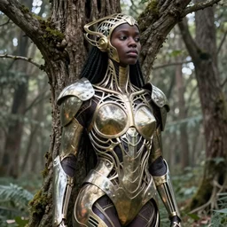 hyperrealistic art nouveau super expressive! black woman with detailed exoskeleton armor, merging with tree in a forest, digital painting masterpiece brad kunkle hannah yata dramatic pearlescent yellow light dutch angle hd 8k sharp focus
