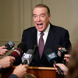 president phil collins screams at the journalists from a podium