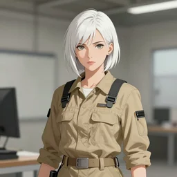 portrait of an engineer girl from metal gear solid, with short white hair, wearing khaki overalls, medium shot, portrait, concept art, vector line art, natural lighting, illustration, highly detailed, artstation,