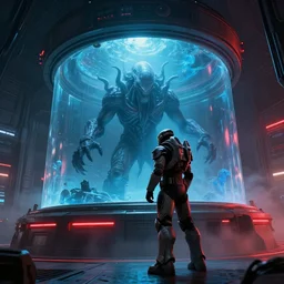 off angle view of a mass effect soldier standing in outside and looking at cthulhu lovecraft alien monster trapped inside a large round transparent science fiction glass containment chamber filled with blue liquid in a furnished science fiction spaceship laboratory, dramatic lighting, octane, red led lights, lens flare, trending on artstation, mist, mass effect, volumetric lighting