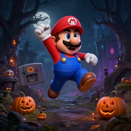 super mario from nintendo 6 4 trick - or - treating, matte painting, fantasy, spooky, dark, moody