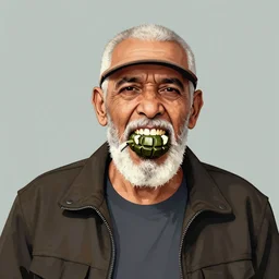 old man portrait, grenade in his teeth, flat background, greg rutkowski gta san andreas art