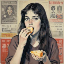 portrait of a woman eating cheese in the style of daniel johnston and outsider art, 8 k, line brush, overlaid with chinese adverts