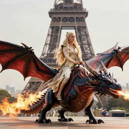 full-body photograph of Paris Hilton as Daenerys Targaryen riding a dragon blowing a flame, dracarus, majestic lighting, XF IQ4, 150MP, 50mm, F1.4, ISO 200, 1/160s, natural light