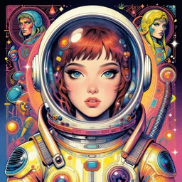 ink illustration, portrait of a beautiful space girl, medium shot, centered face, hypermaximalist, intricate, triadic color scheme, retro, highly detailed, concept art, smooth, sharp focus. art by enki bilal and by phil hale and mike mignola