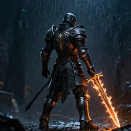 black paladin holding sword of night and flame, cinematic backshot, night, raining, hd, 4 k, glory, ultra realistic