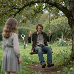 a man is sitting in a garden swing by apple tree. a girl holds a large silver key. folk horror. eerie. fine detail. realistic