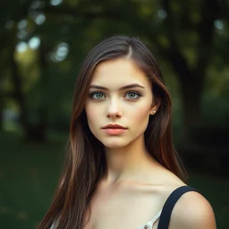 a photograph of a young woman in a park, dof, sharp focus, highly detailed face, symmetric face, realistic iris, cinestill 8 0 0 t, photography by annie leibovitz
