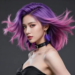 a award winning action upper body portrait of a beautiful woman with a ombre purple pink hairstyle with head in motion and hair flying, choker, feather earrings, outrun, vaporware, highly detailed, fine detail, intricate