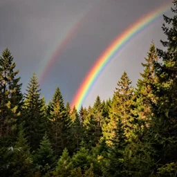 beautiful rainbow over happy forest, photography hdr