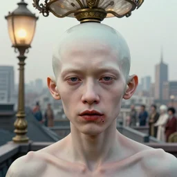 closeup portrait of albino mandarin with thin, stained lips and smoking hole in porcelain head standing under rococo lamp on rooftop overlooking the city, science fiction concept art by j. c. leyendecker, brom, greg rutkowski, beksinski, stephen gammell, deak ferrand, anato finnstark, yoshitaka amano, and rembrandt