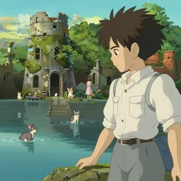 an explorer finding ruins of a cat civilization, water, by Dice Tsutsumi, Makoto Shinkai, Studio Ghibli
