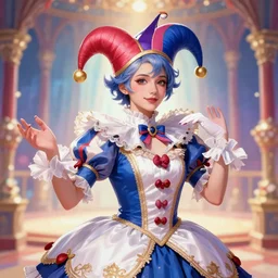 award winning digital portrait of a feminine attractive male jester at a magnificent circus, sakimichan hisoka, beautiful circus themed background with soft colors and lights, trending artstation, digital art, aesthetic, bloom, intricate, elegant, sharp focus, digital illustration, highly detailed, octane render, digital painting, concept art, fantasy, masterpiece, by lisa buijteweg and sakimichan