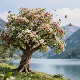 a beautiful awesome artistic tree with falling flowers like leaves and many butterflies birds, all in the amazing outdoors view, mountain in the background, lake, long exposure, 8 k resolution, trending on artstation