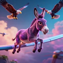 a donkey jumping from plane, eagles in the background, artstation award winner, digital art, volumetric lighting, neon colors, short telephoto, octane render