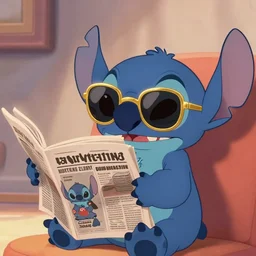 stitch from lilo & stitch reading a newspaper with gold sunglasses from disney, movie, 4 k