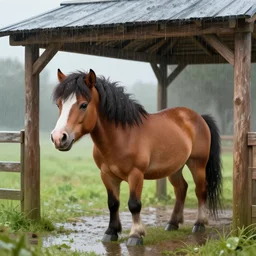 a pony outside in the rain under wooden shelter, digital art, hyper detailed