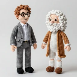 statue of Carl Sagan and Isaac Newton, made from crochet