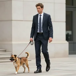 photorealistic image of a man in a business suit walking the dog